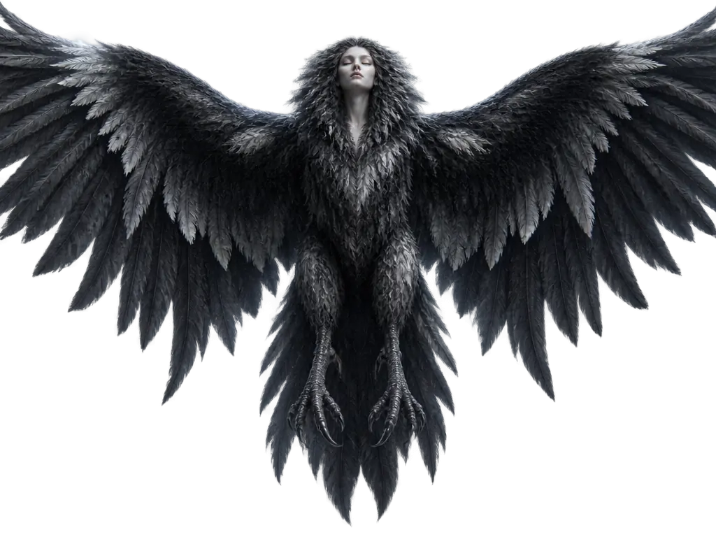 Varcolac Ileana, strigoi raksasa berwujud burung hantu dengan wajah perempuan pucat dan sayap hitam perak terbentang