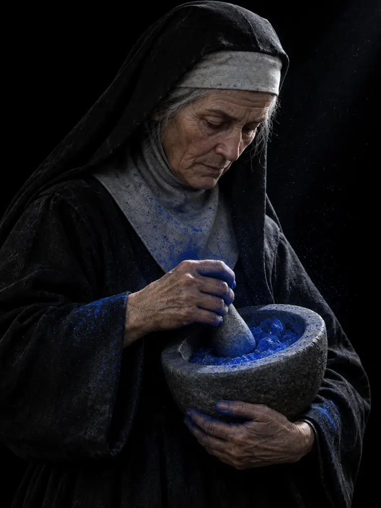 Sister Ilinca, biarawati tua, menggiling lapis biru di lumpang batu